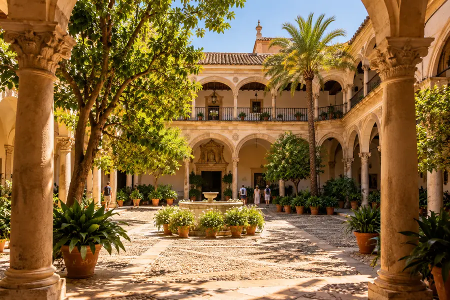 Patio histórico con arcos, columnas, fuente y plantas