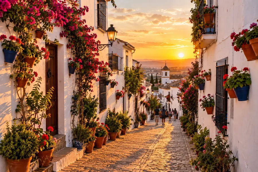 Calle encalada de un pueblo andaluz con macetas de flores al atardecer