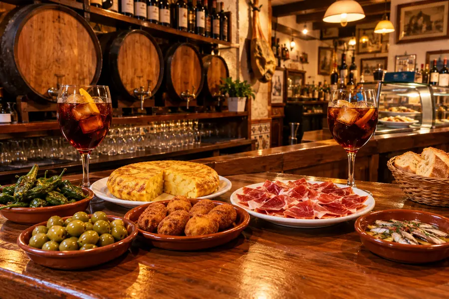 Tapas variadas y vermú en la barra de un bar tradicional