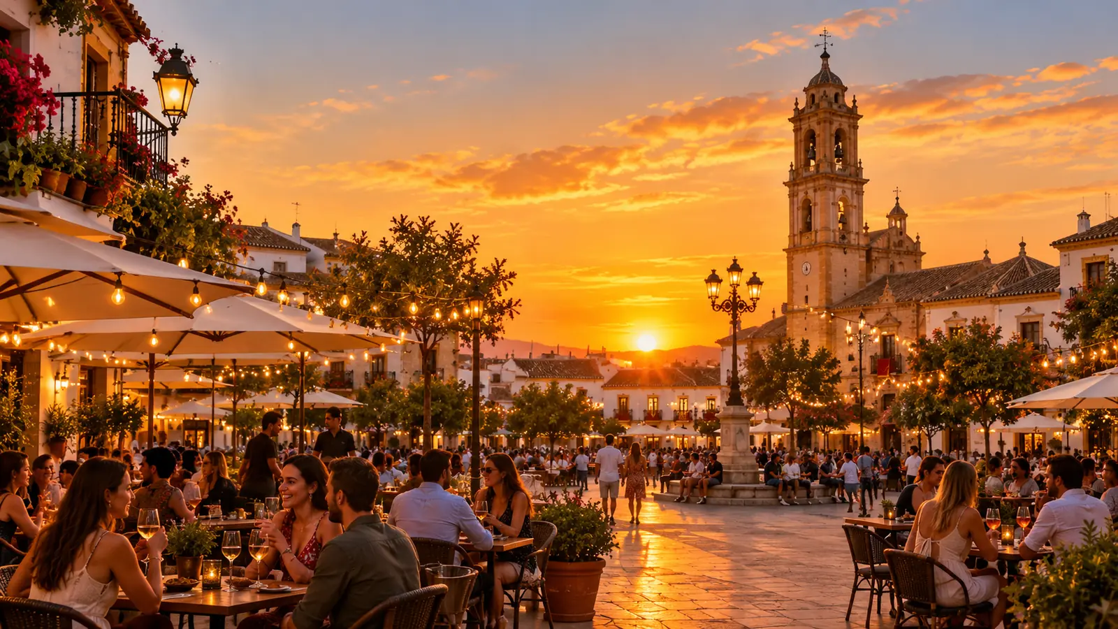 Plaza de un pueblo andaluz al atardecer con terrazas llenas de gente y el campanario de la iglesia